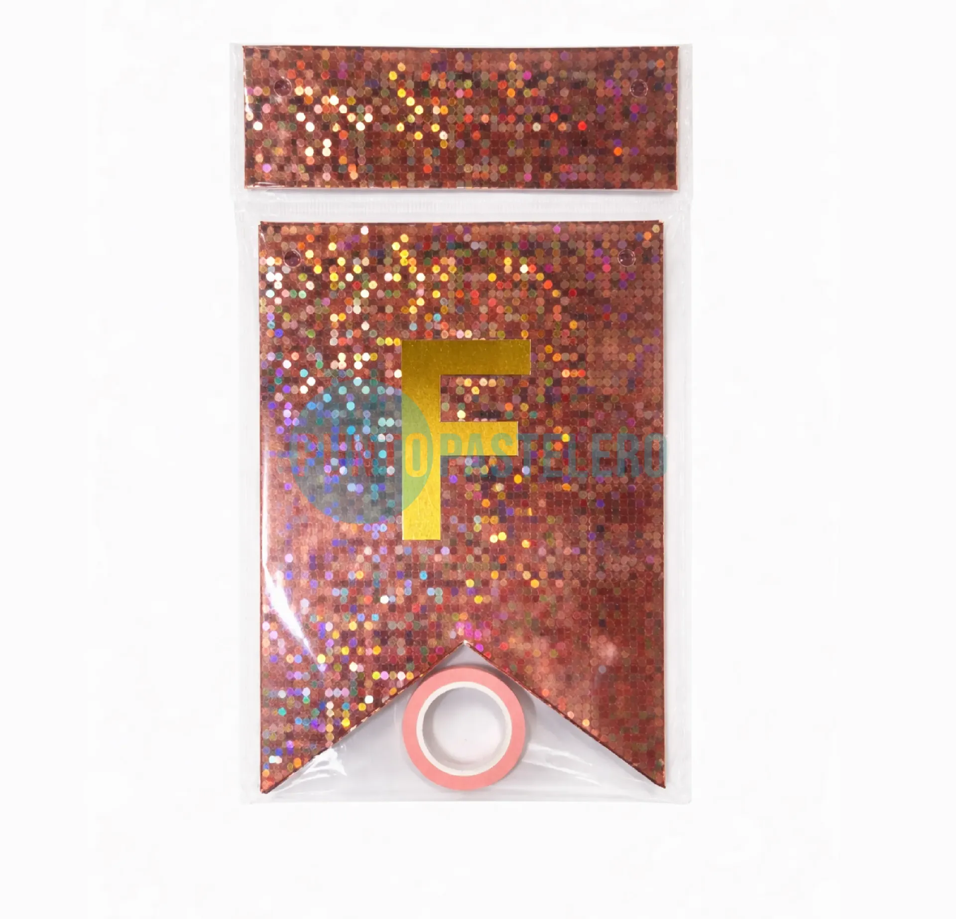 BANDERIN FELIZ CUMPLEAÑOS HOLOGRAFICO ROSA GOLD