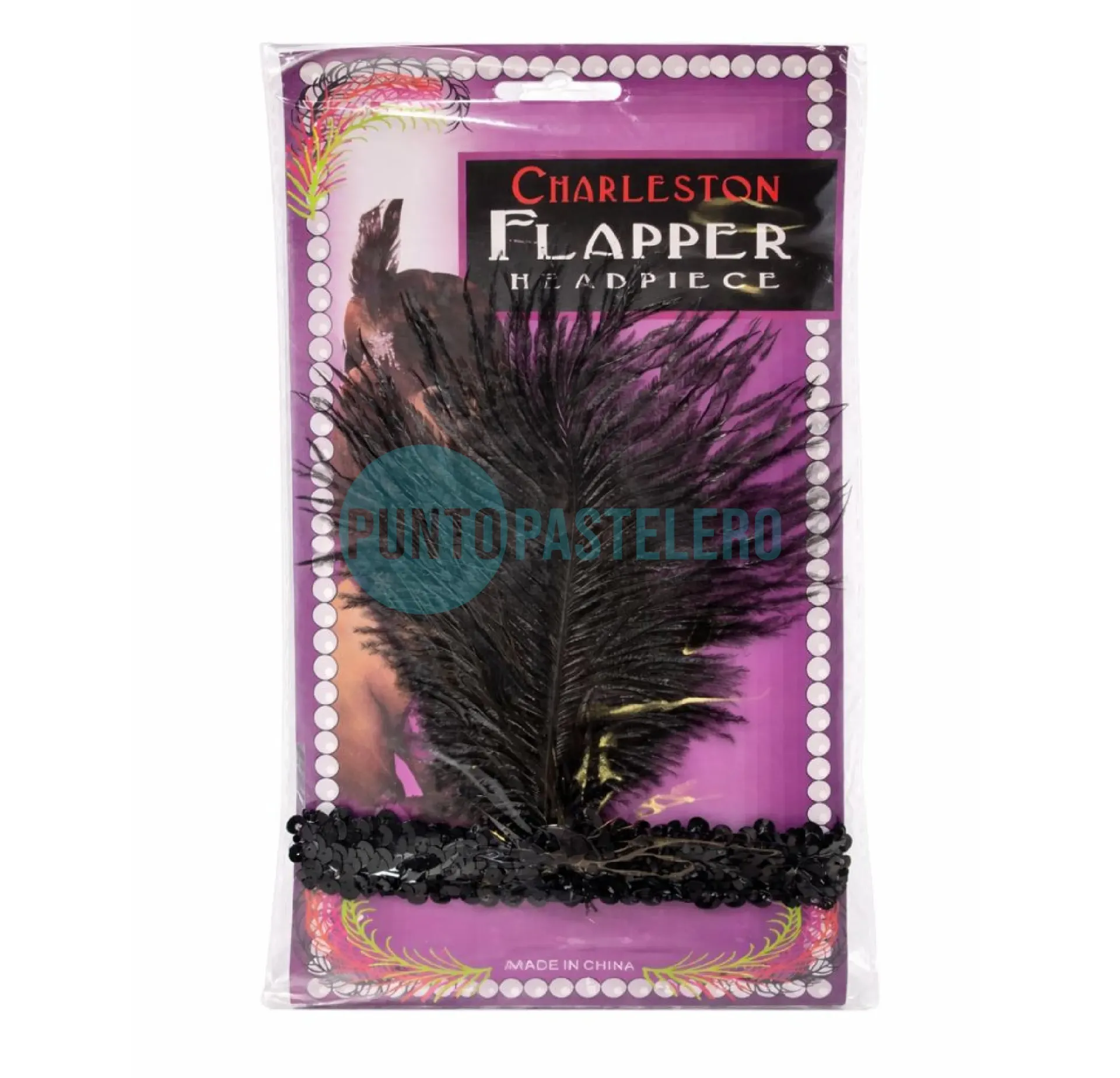 VINCHA CHARLESTON CON PLUMA Y APLIQUE NEGRA