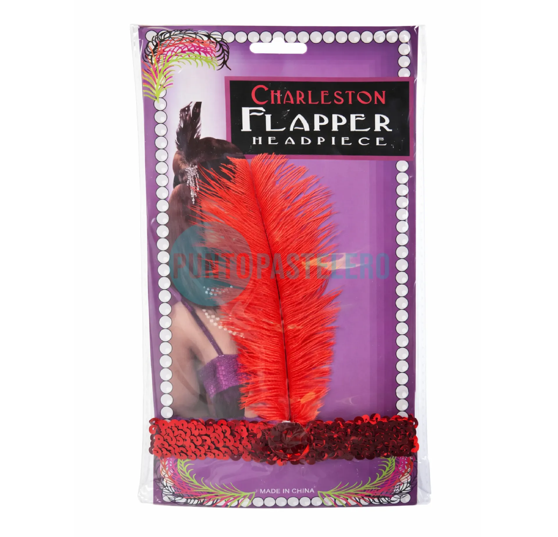 [34511500] VINCHA CHARLESTON CON PLUMA Y APLIQUE ROJA