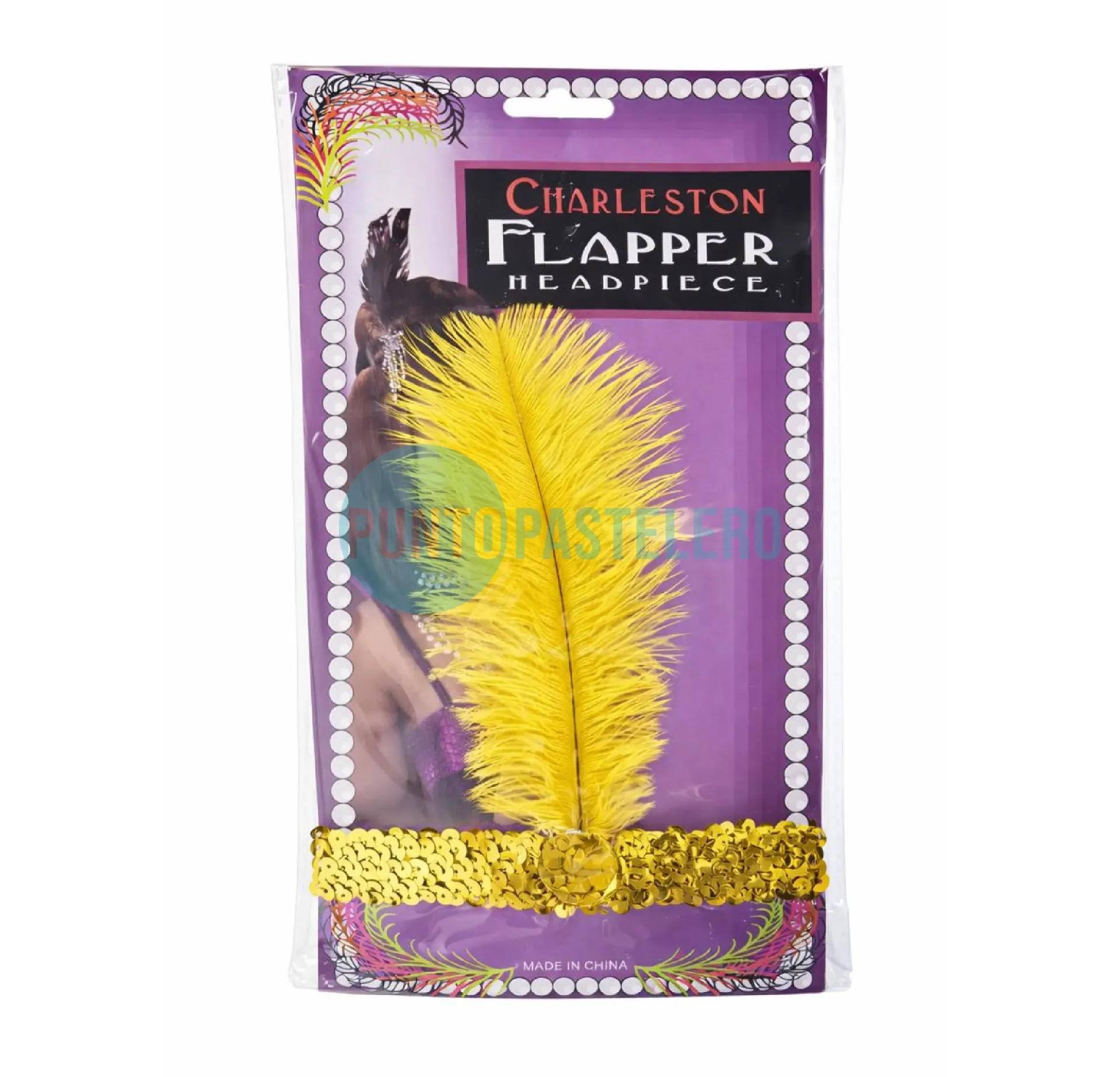 [39509500] VINCHA CHARLESTON CON PLUMA Y APLIQUE DORADA