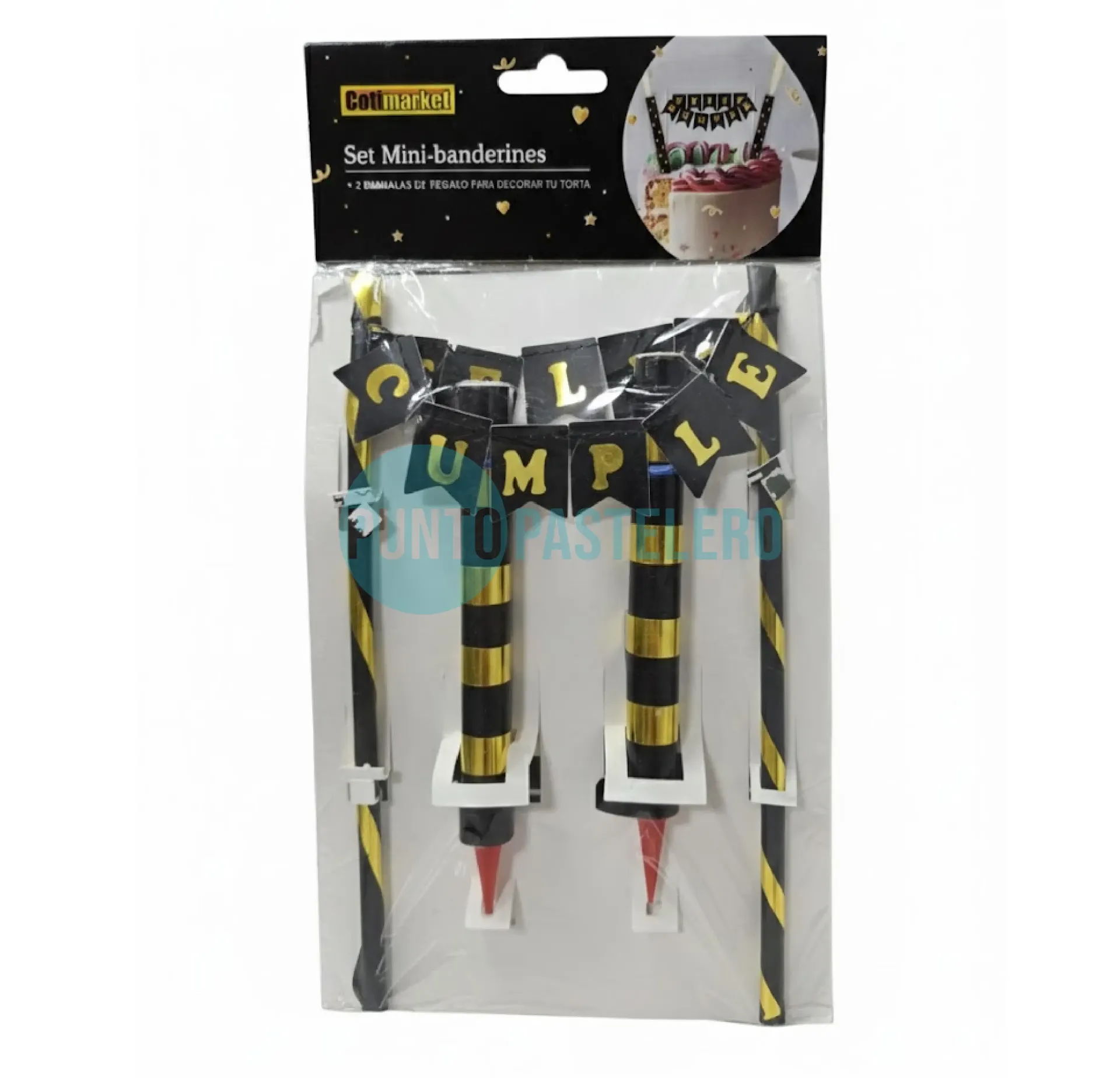 [23402300] PINCHE BANDERIN FELIZ CUMPLE + BENGALAS NEGRO Y DORADO