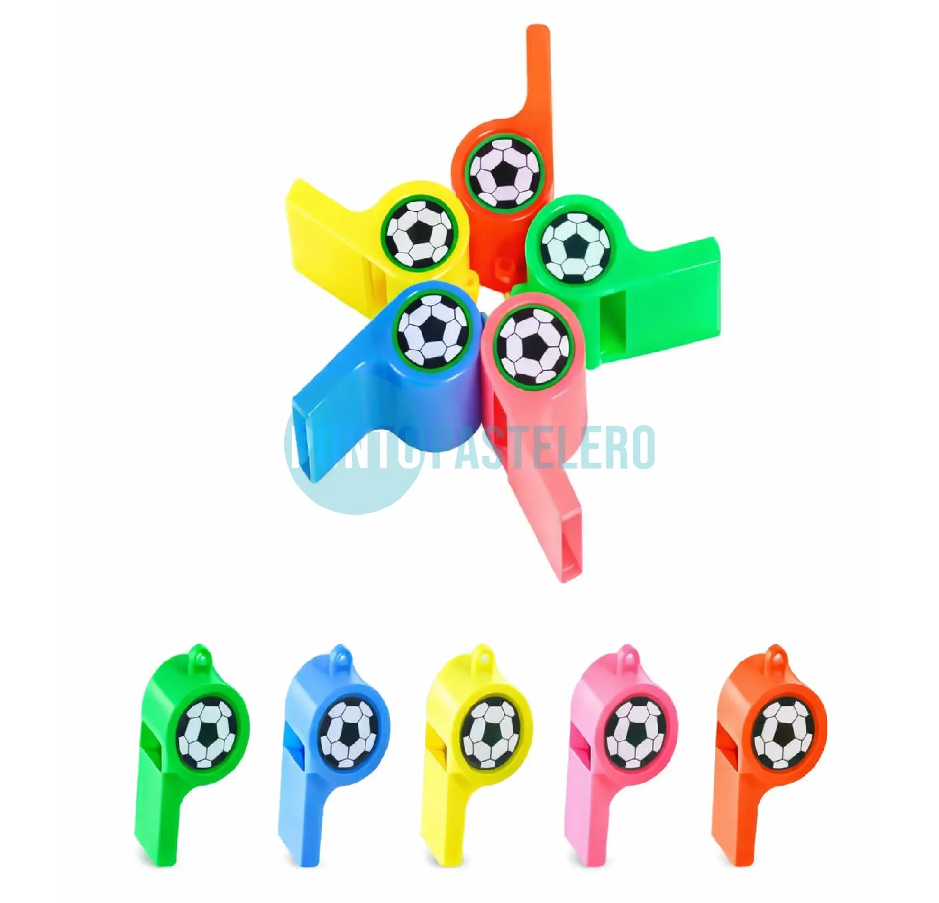 SILBATO CON TIRA Y BOLITA STICKER PELOTA (X 24 U.)