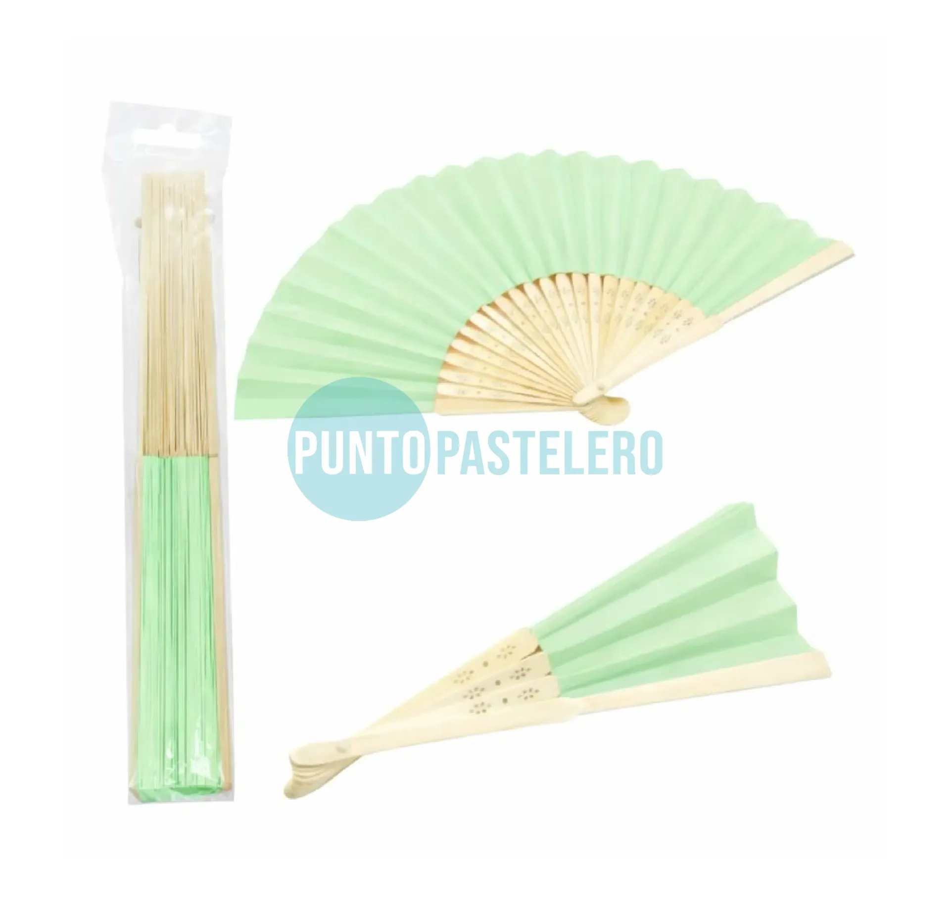 [00122980] ABANICO DE MADERA CON PAPEL CHINO VERDE PASTEL