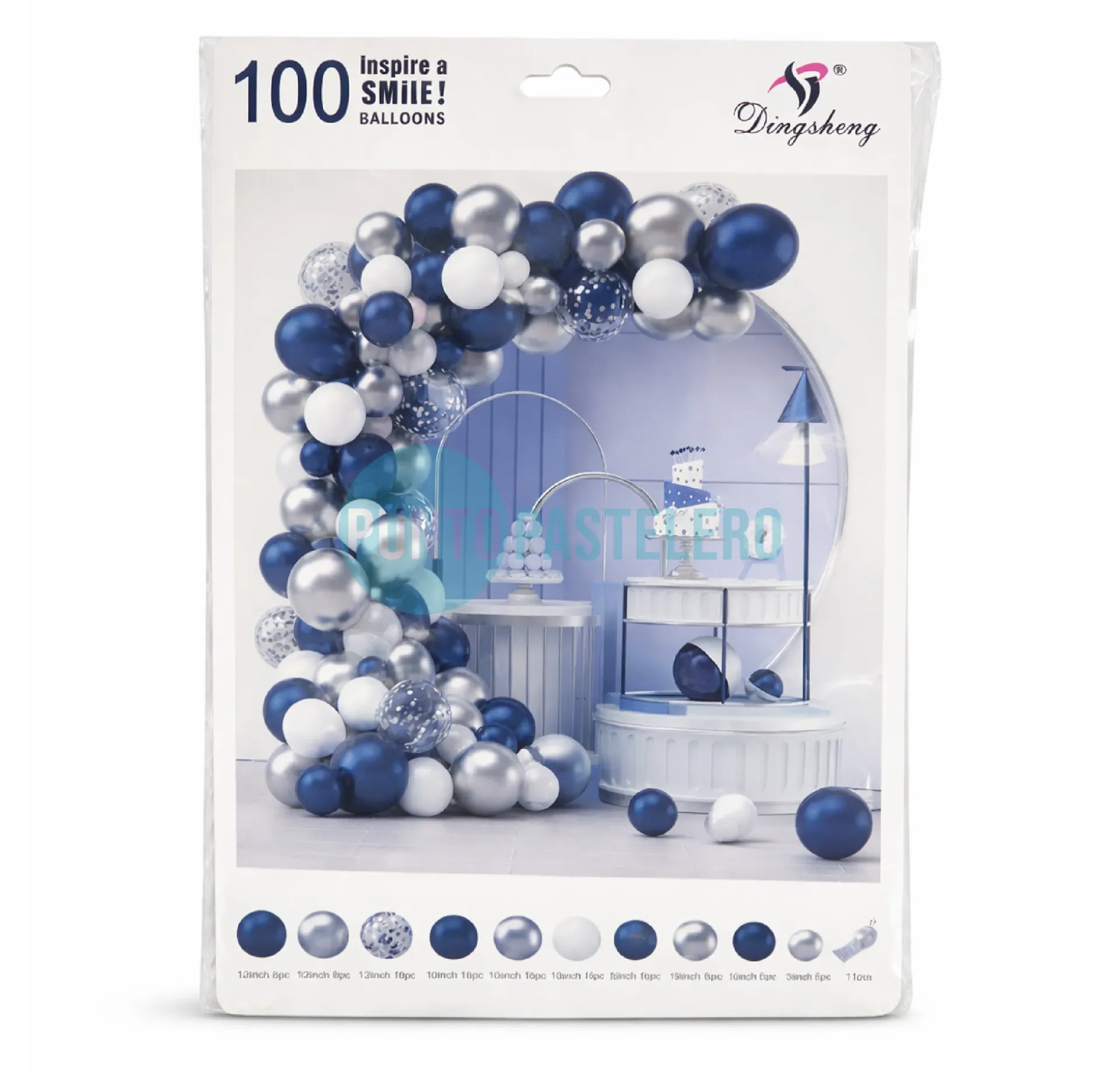 SET DE GLOBOS AZUL Y PLATA (100 PZ)
