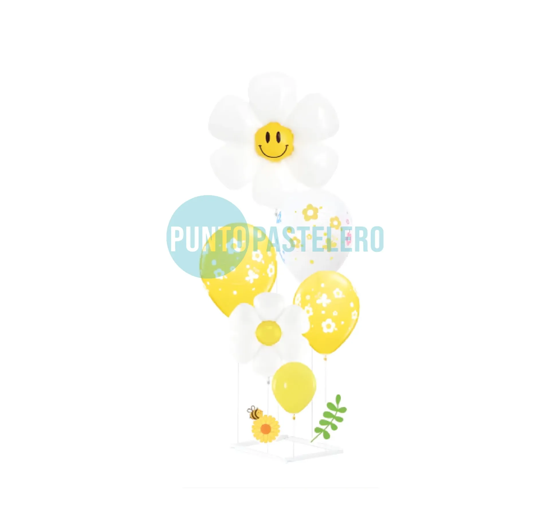 SET DE GLOBOS + BASE PARA GLOBOS "MARGARITA" (BLANCO Y AMARILLO) (95 CM)