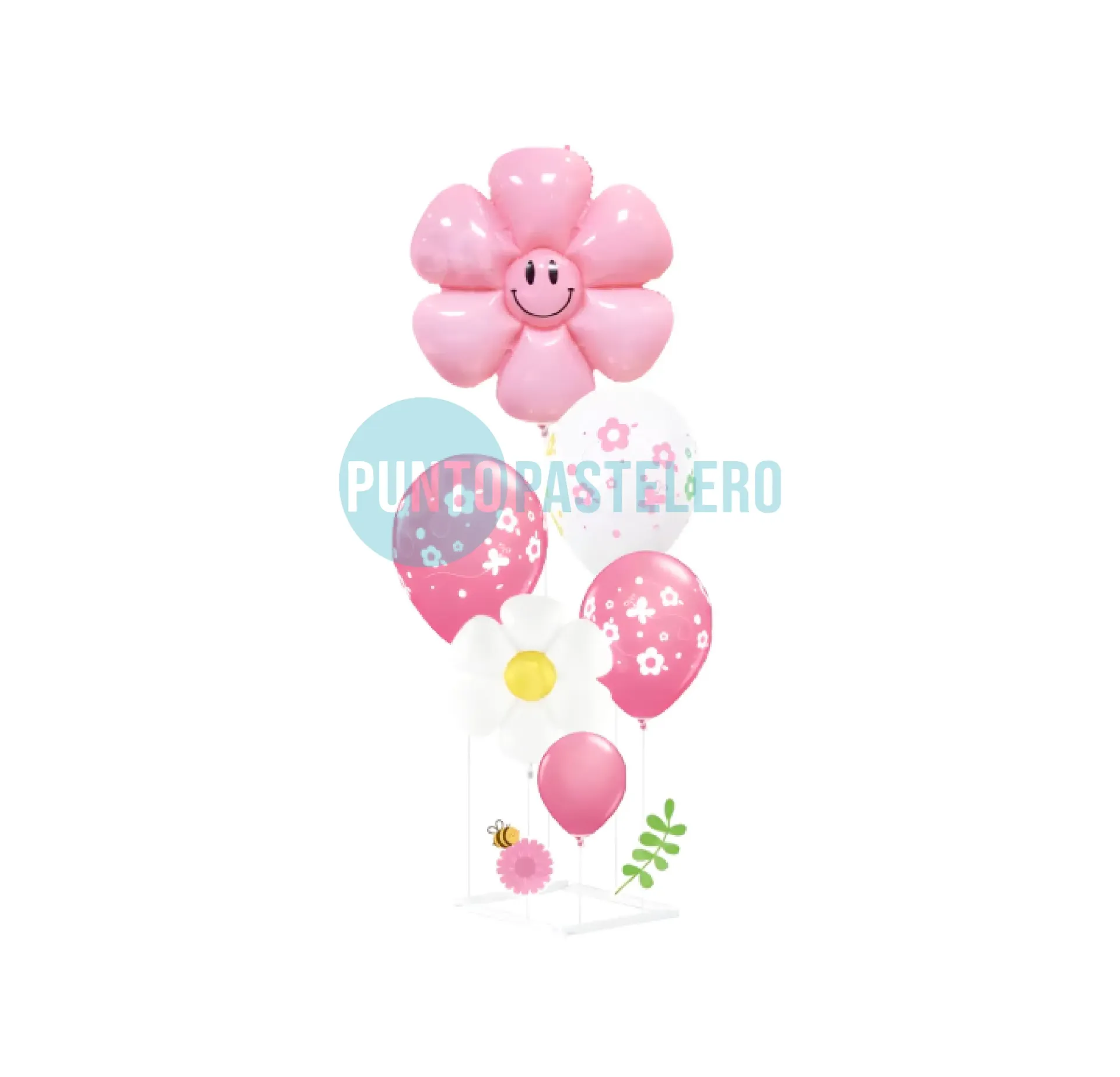 SET DE GLOBOS + BASE PARA GLOBOS "MARGARITA" (ROSA Y BLANCO) (95 CM)