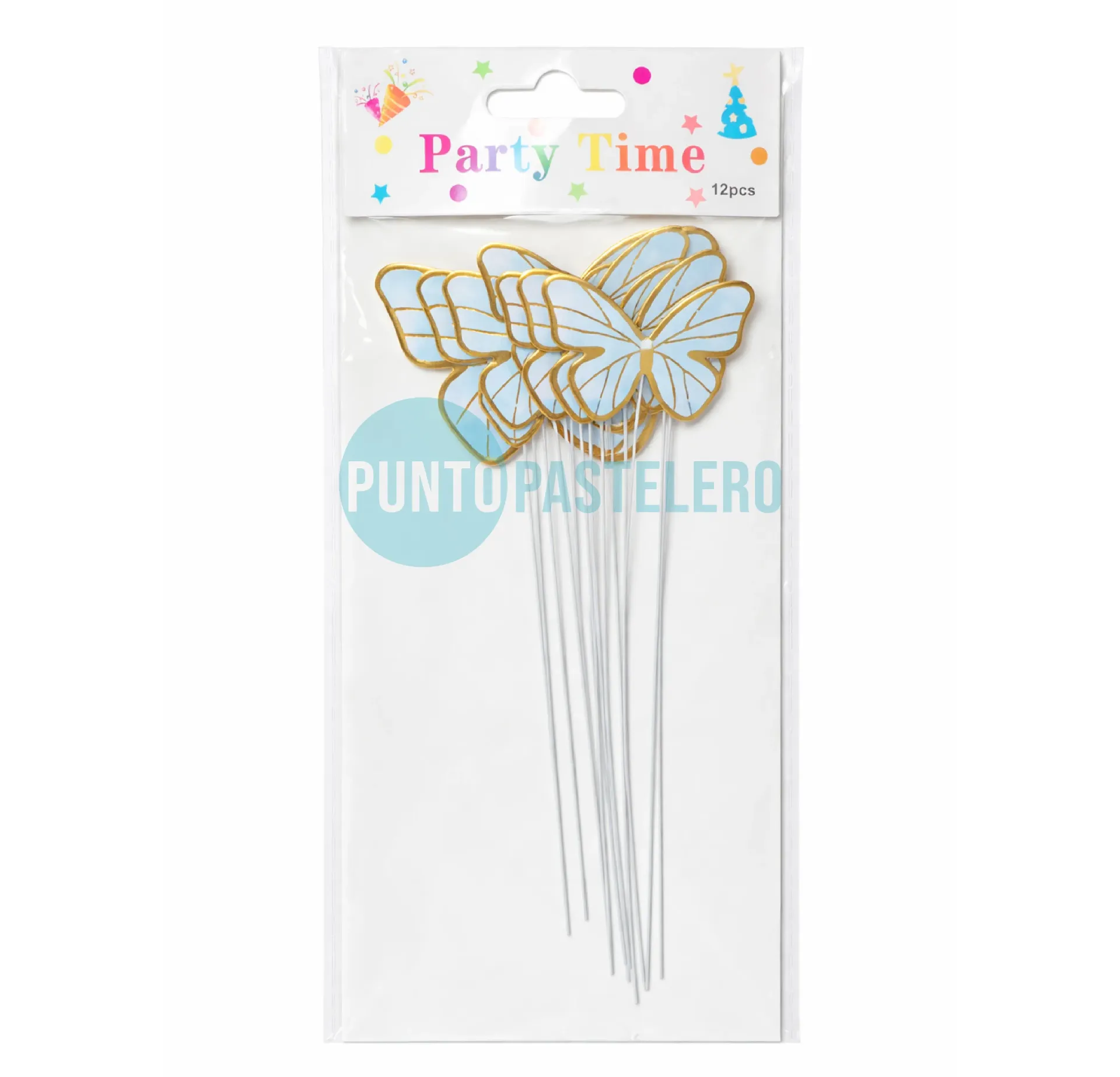 CAKE TOPPER MARIPOSA CELESTE Y DORADO (10 U.)