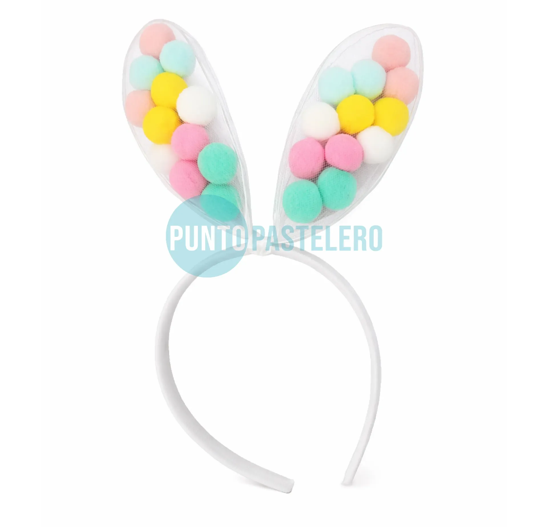 VINCHA CONEJO CON POMPON MULTICOLOR