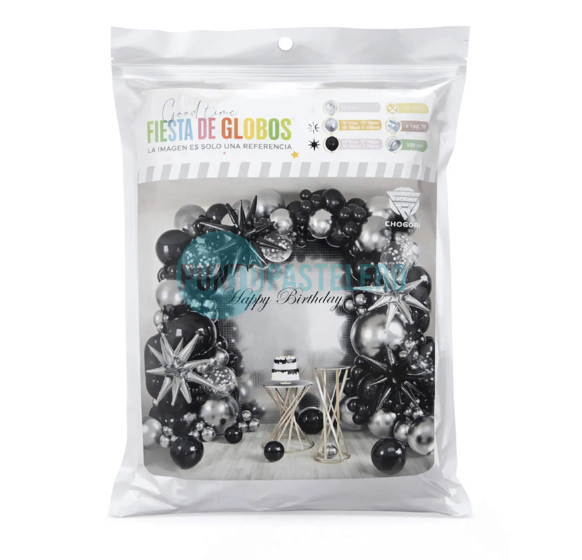 SET DE GLOBOS SUPER GUIRNALDA NEGRO Y PLATA (145 PZ)