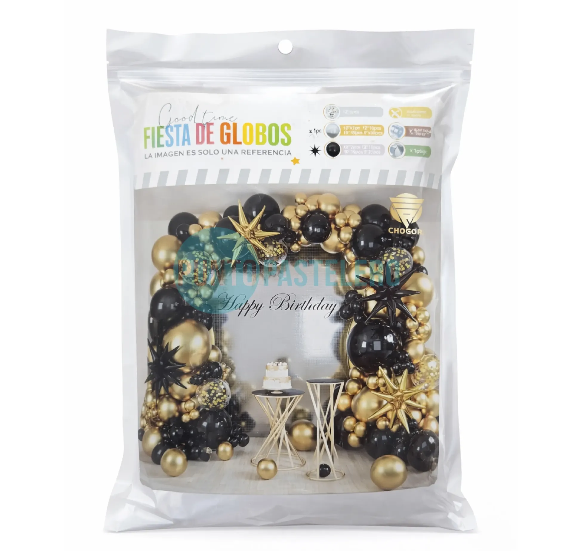 SET DE GLOBOS SUPER GUIRNALDA NEGRO Y DORADO (145 PZ)