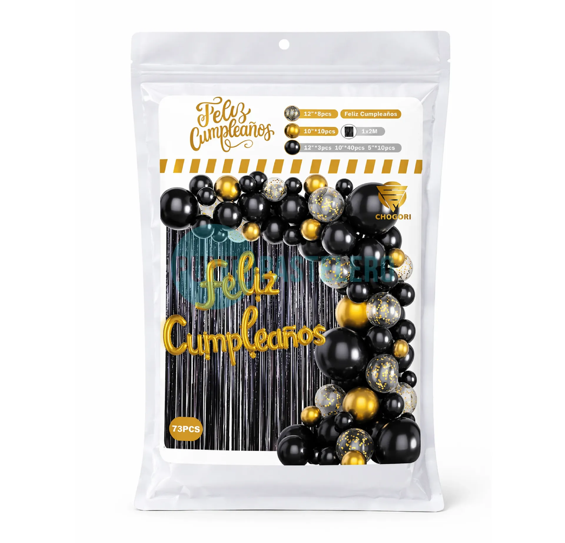 SET DE GLOBOS CON CORTINA FELIZ CUMPLEAÑOS NEGRO Y DORADO (73 PZ)