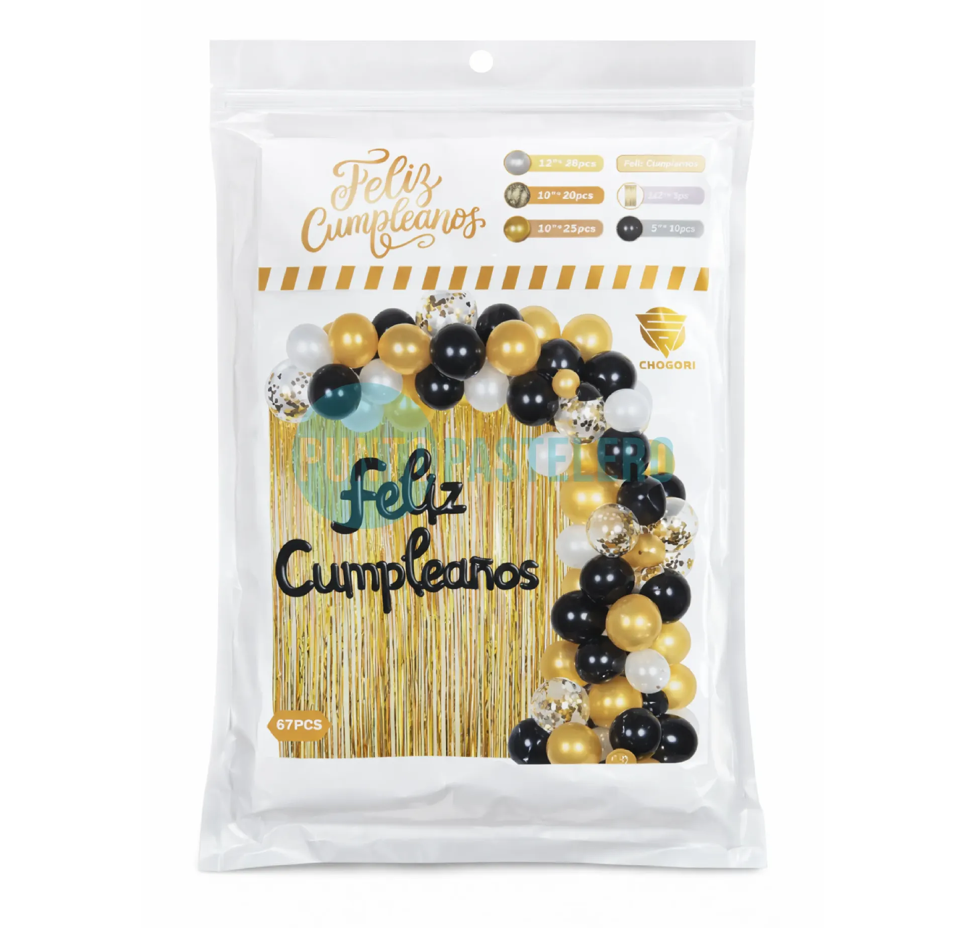 SET DE GLOBOS CON CORTINA FELIZ CUMPLEAÑOS NEGRO Y DORADO (73 PZ)
