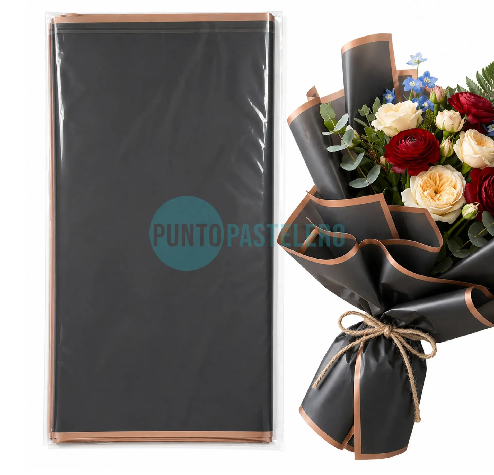 [6901287931282] PACK PAPEL COREANO DE REGALO IMPERMEABLE NEGRO CON BORDES ROSA GOLD (X 20 U.)