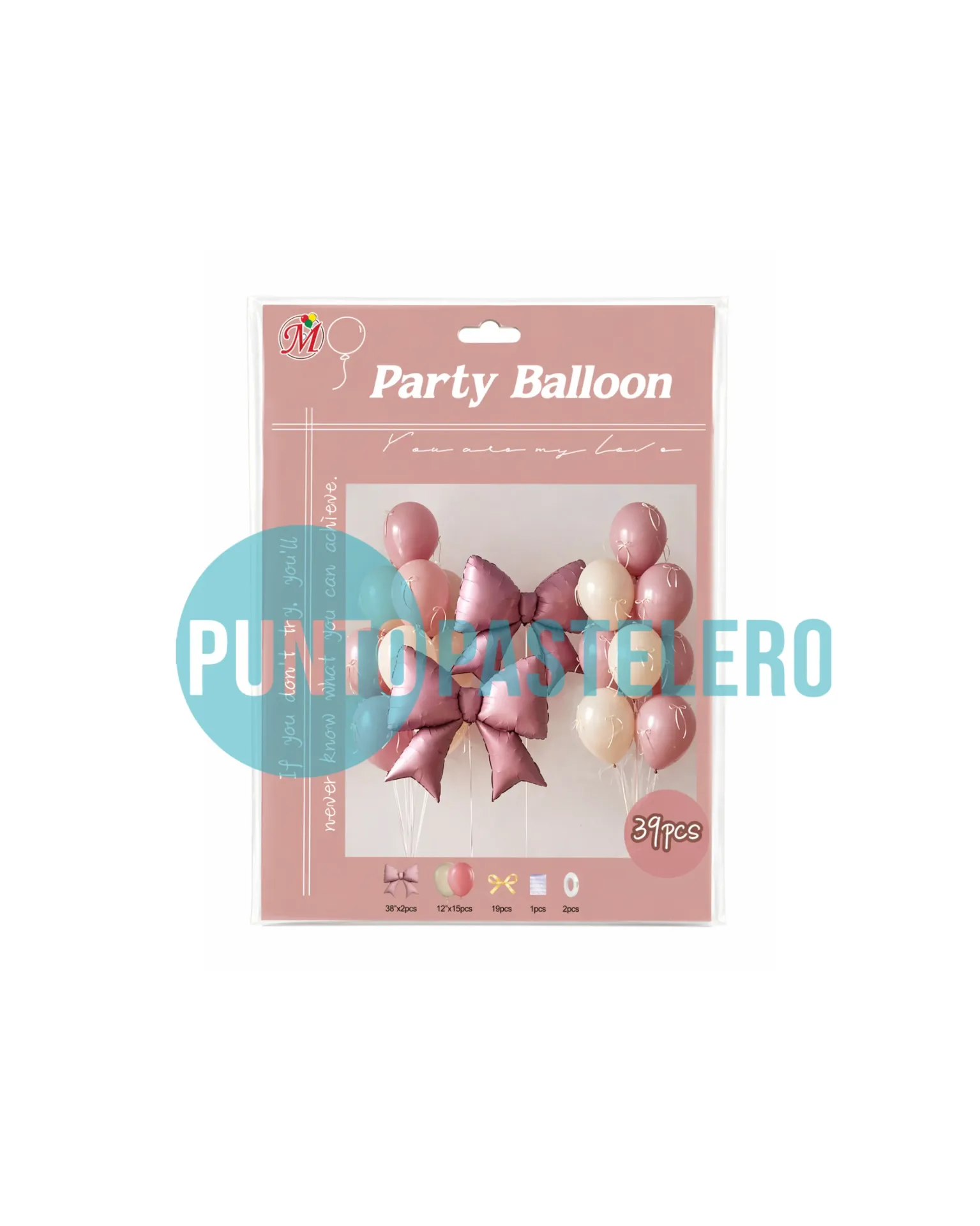 SET GLOBOS LATEX METALIZADO MOÑO ROSA VINTAGE (39 PZ)