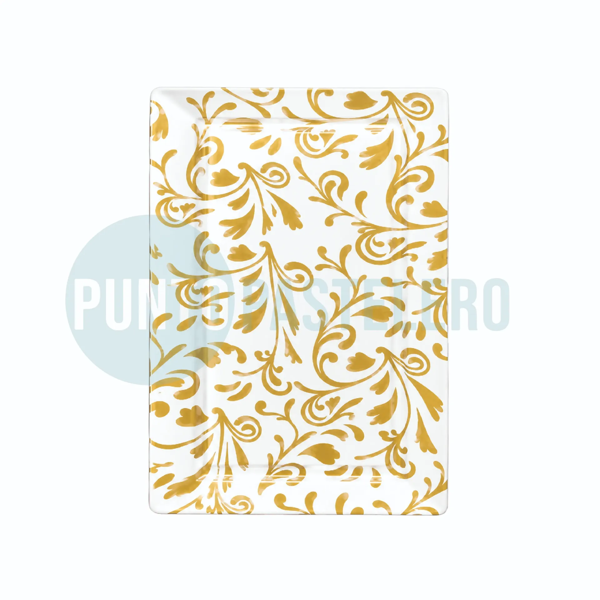 [7798377405018] BANDEJA PLASTICA CUADRADA BLANCA FLORES DORADAS (X 6 U.) (23X17 CM)