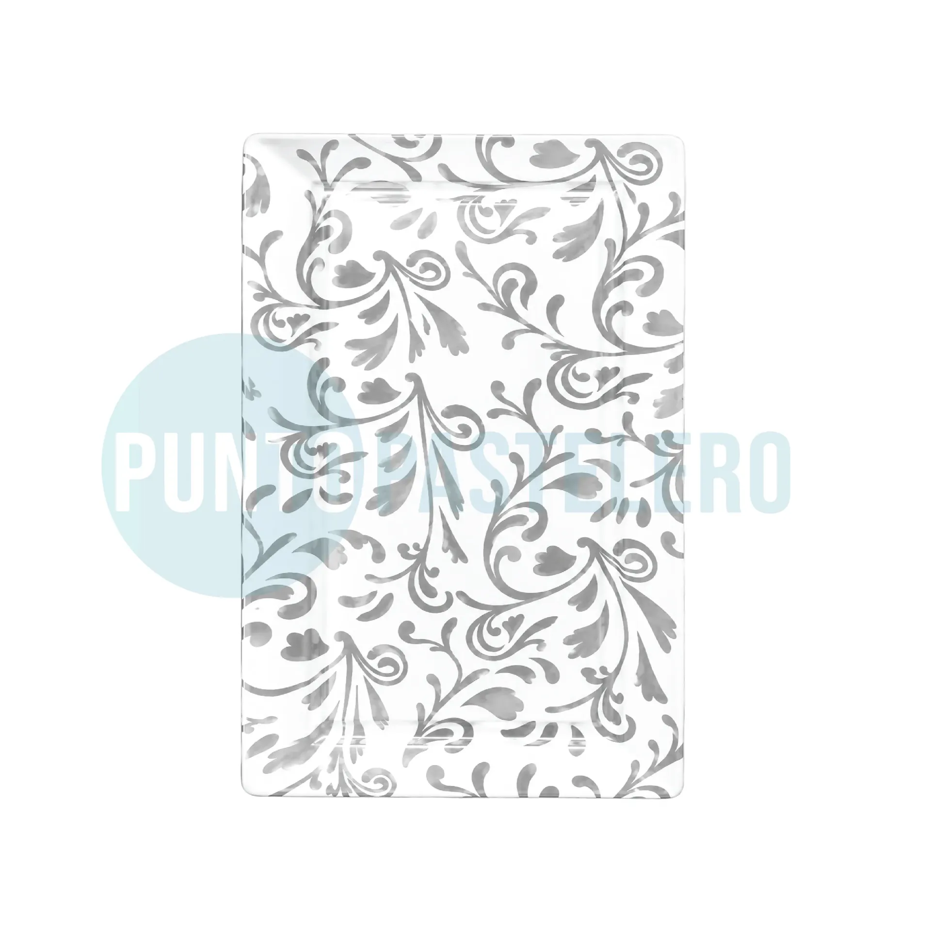 [7798377405049] BANDEJA PLASTICA CUADRADA BLANCA FLORES PLATEADAS (X 3 U.) (30X23 CM)