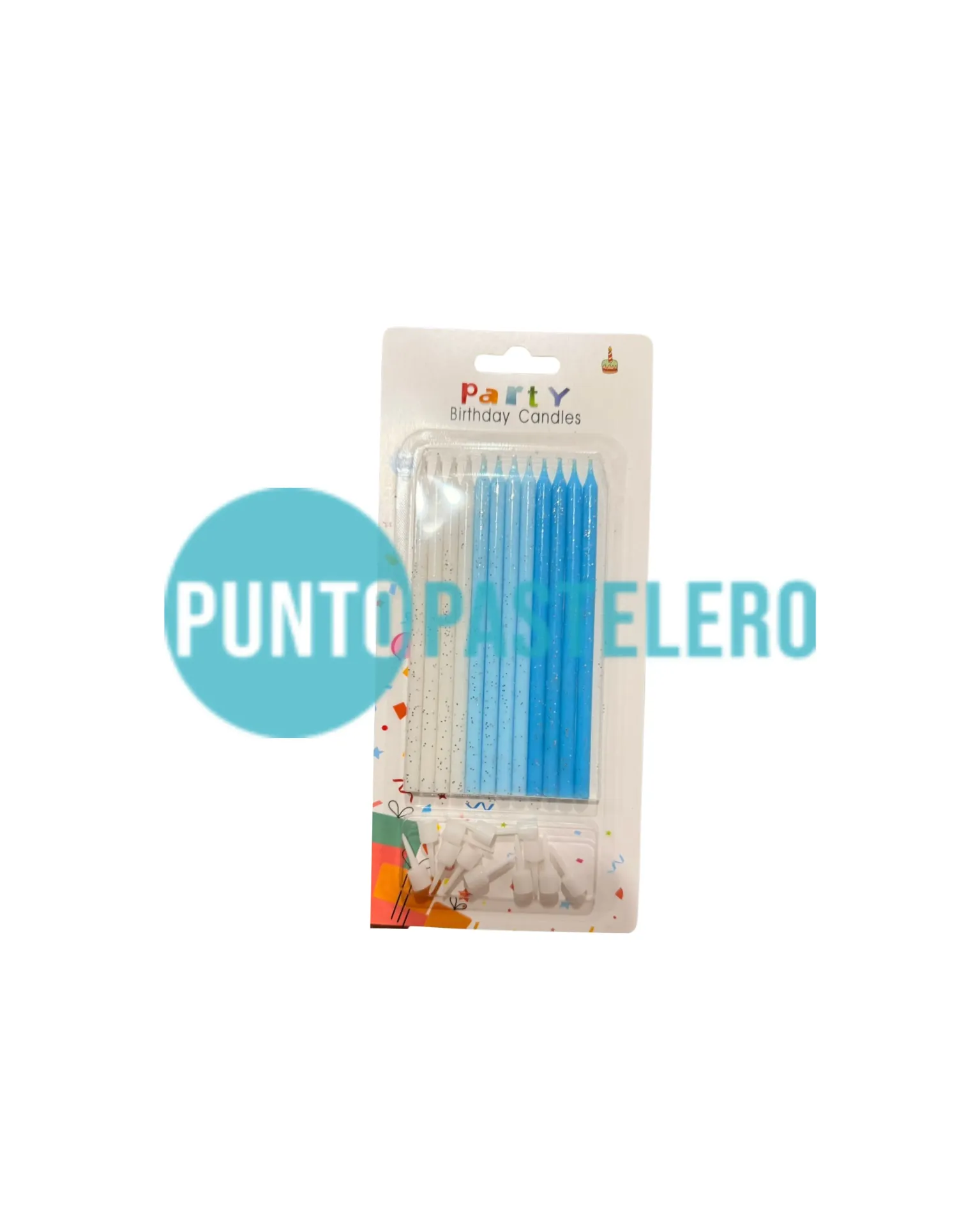 [79916] PACK VELA LARGA CELESTE PASTEL - BLANCO CON BRILLITO (X 12 U.)