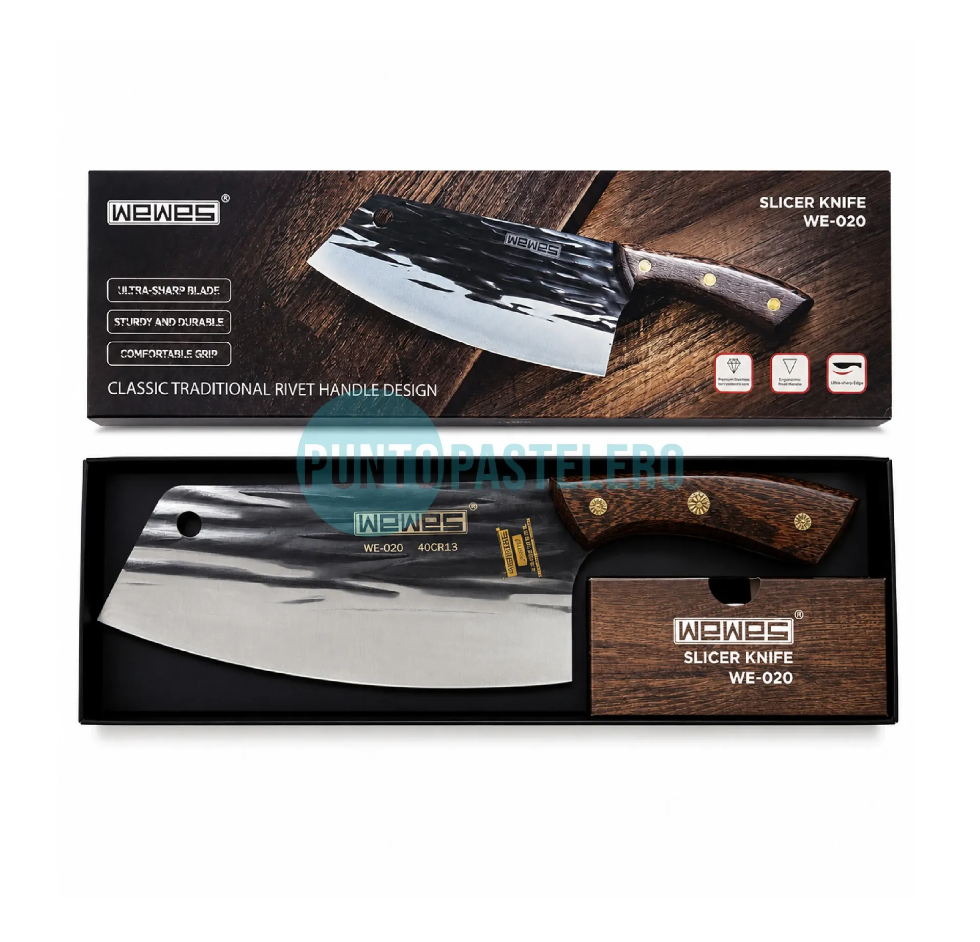 CUCHILLO NEGRO MANGO DE MADERA WE-020 (EN CAJA)