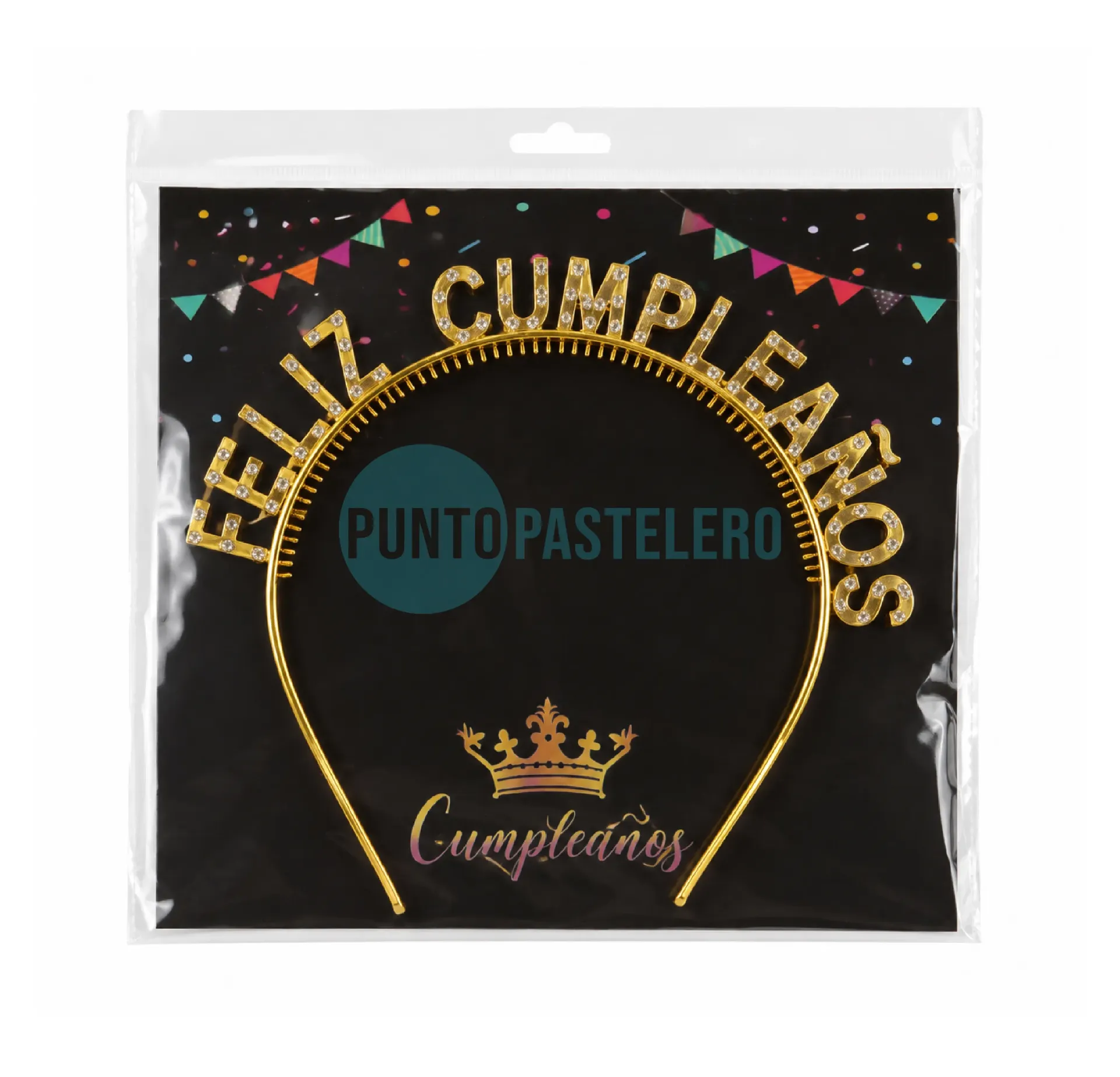 VINCHA FELIZ CUMPLEAÑOS PLASTICA CON STRASS METALIZADAS (DORADA)