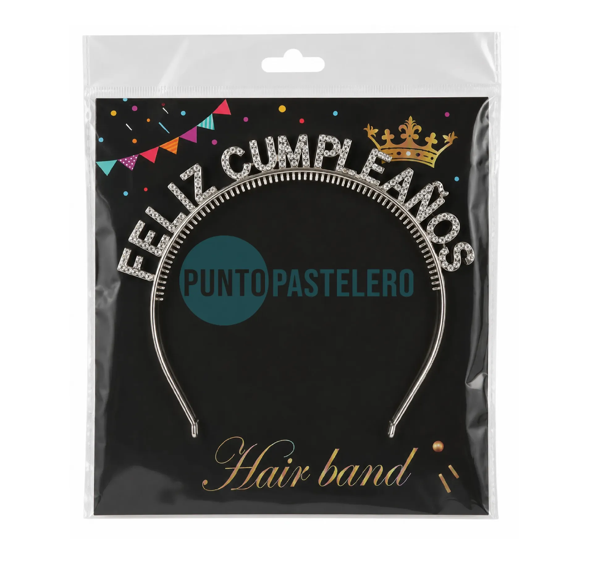VINCHA FELIZ CUMPLEAÑOS PLASTICA CON STRASS METALIZADAS (PLATEADA)
