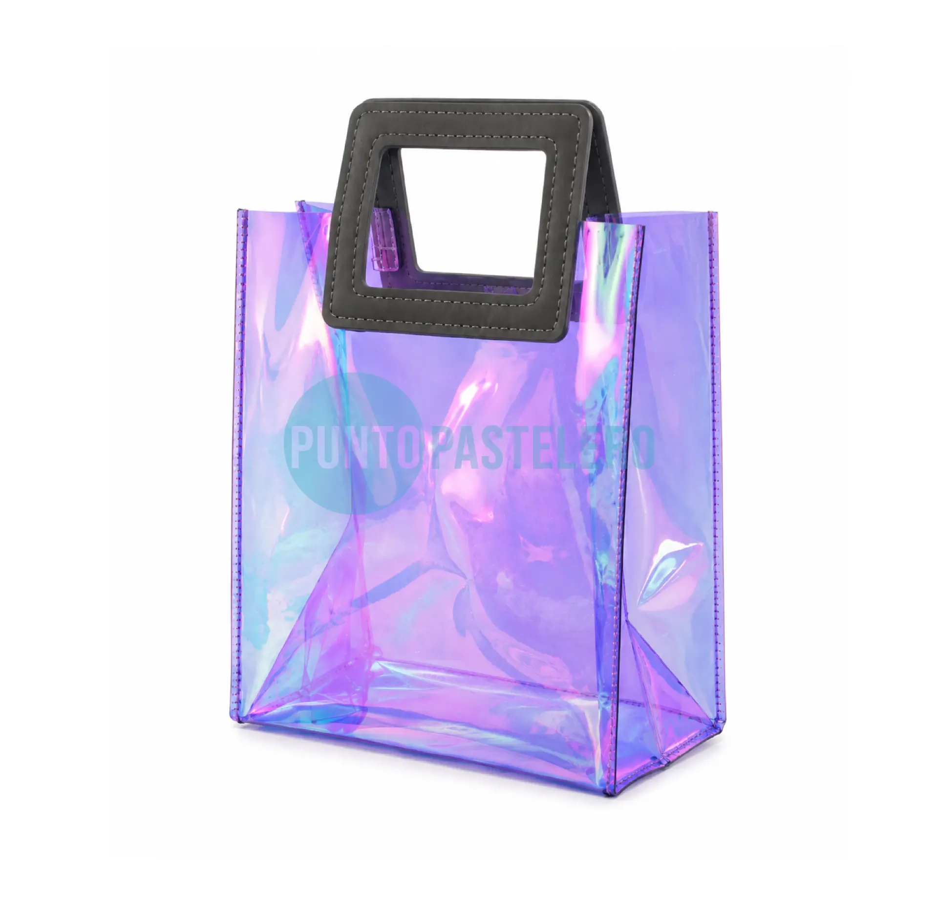 BOLSA PVC IRIDISCENTE CON MANIJA CUADRADA DE CUERINA (18X15X9 CM)