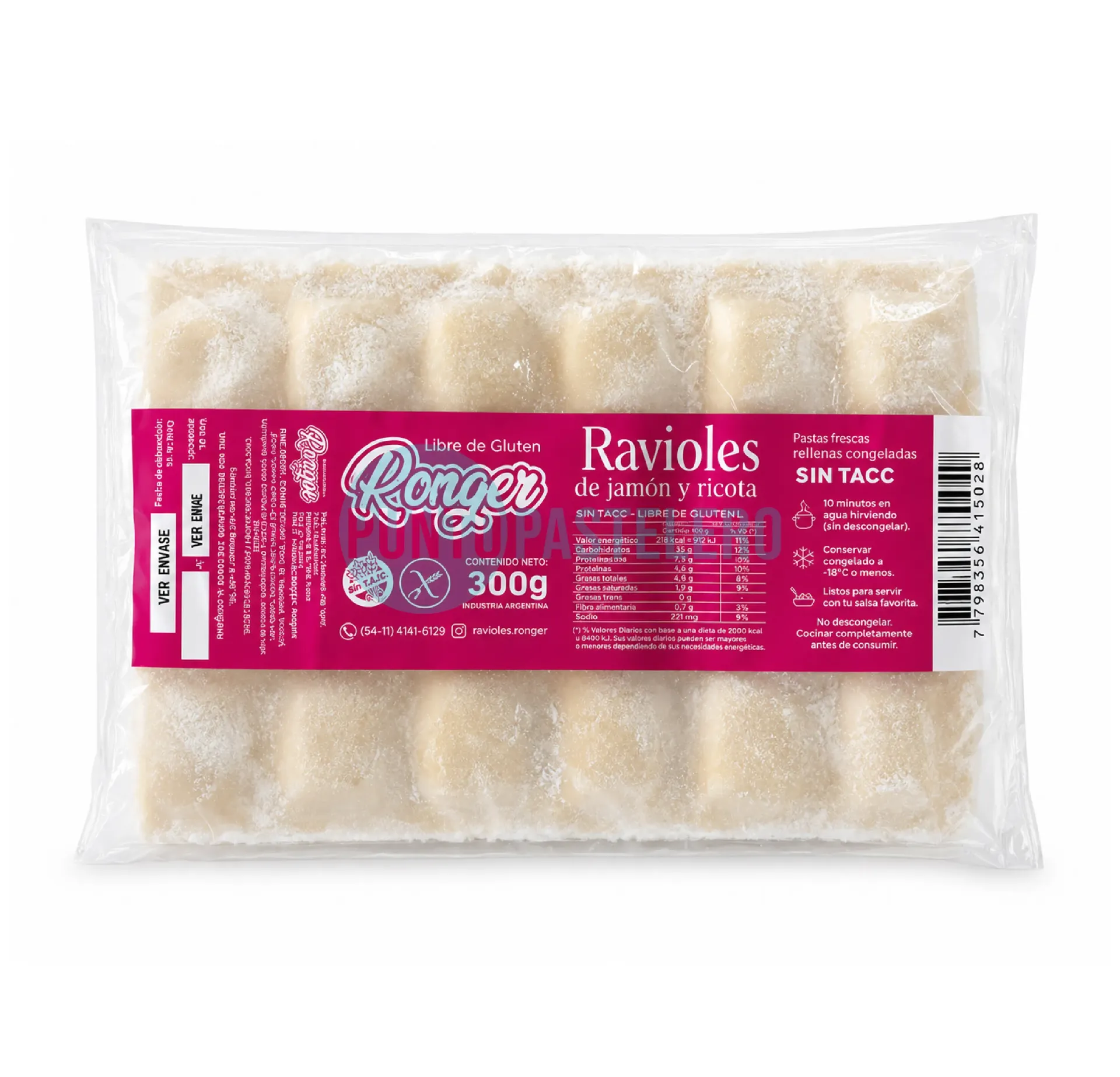 RAVIOLES RONGER DE RICOTA Y JAMON (X 300 GR.) (SIN TACC)