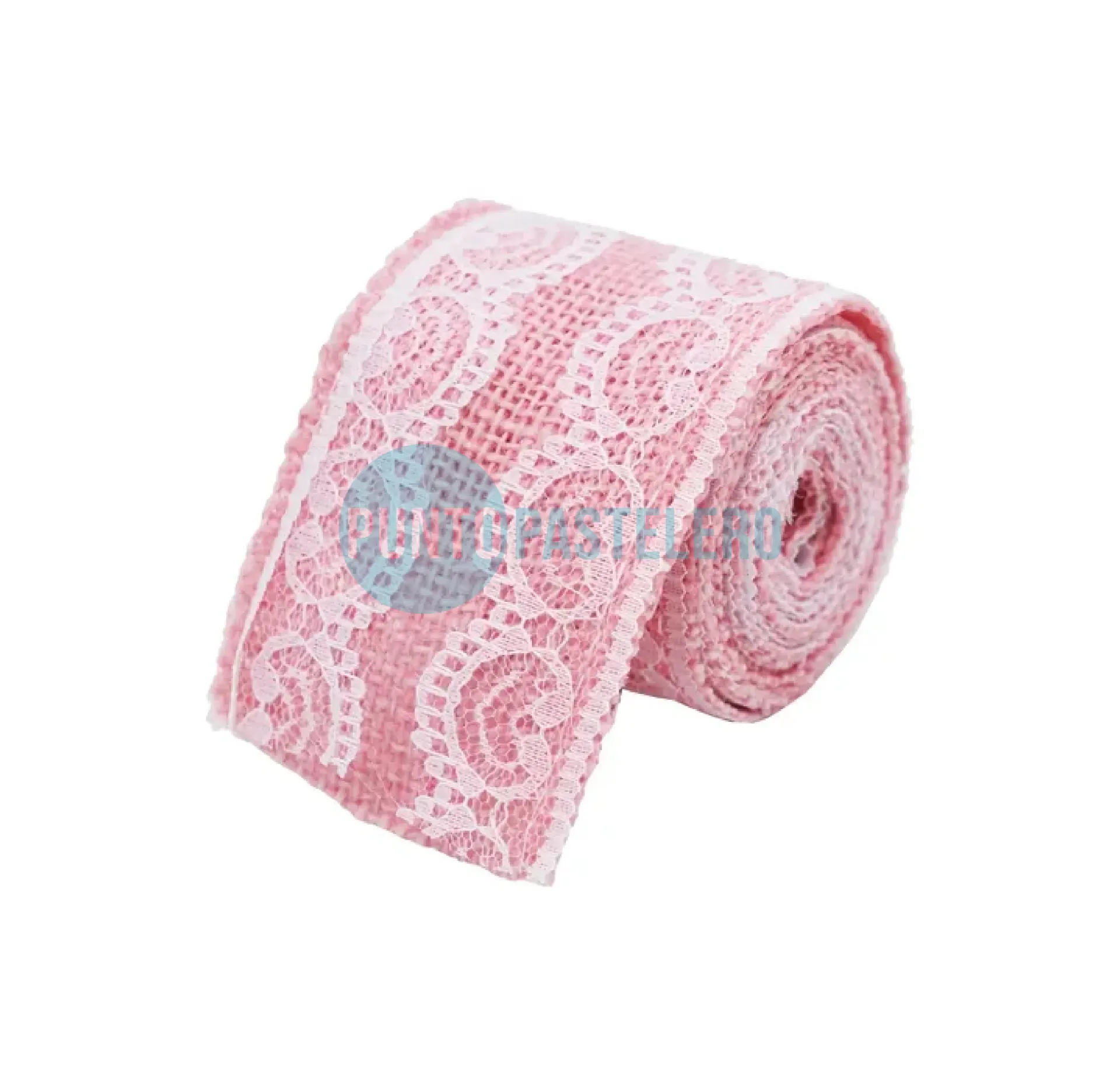 CINTA DE ARPILLERA ROSA CON BORDE ENCAJE BLANCO (6 CM X 2 MTS.)