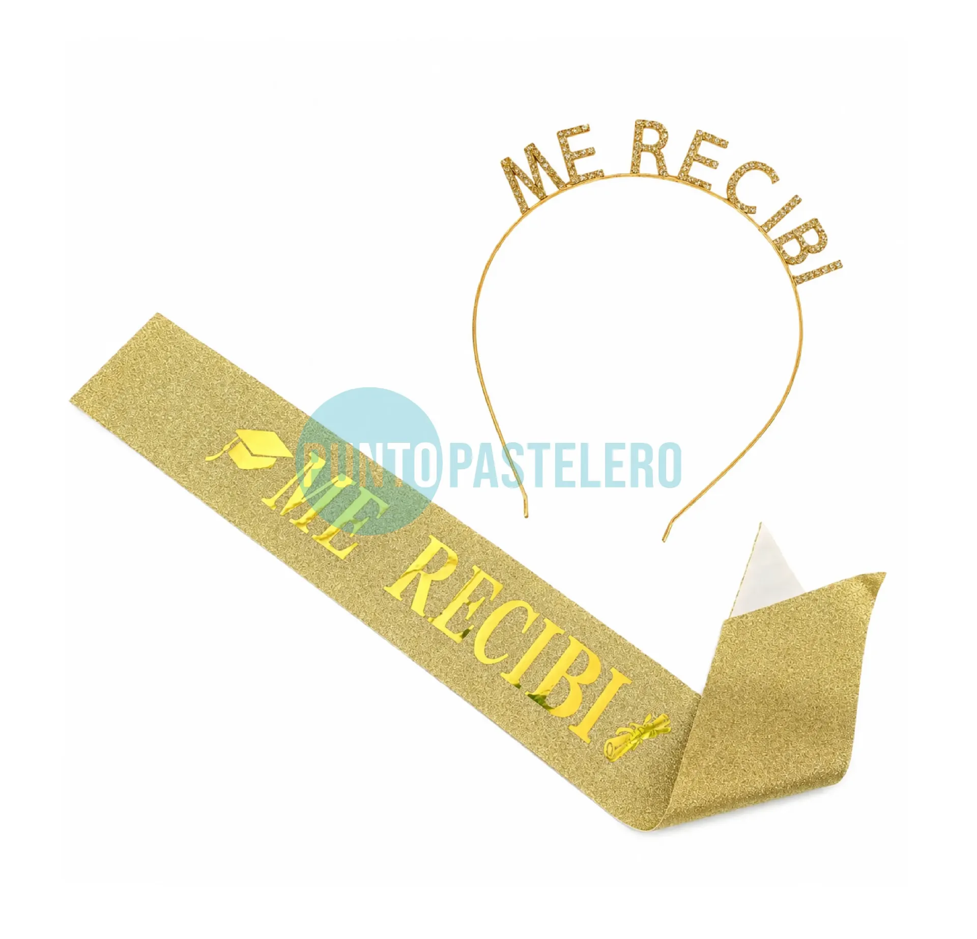 [6202506204928] SET VINCHA Y BANDA "ME RECIBI" CON GLITTER ORO