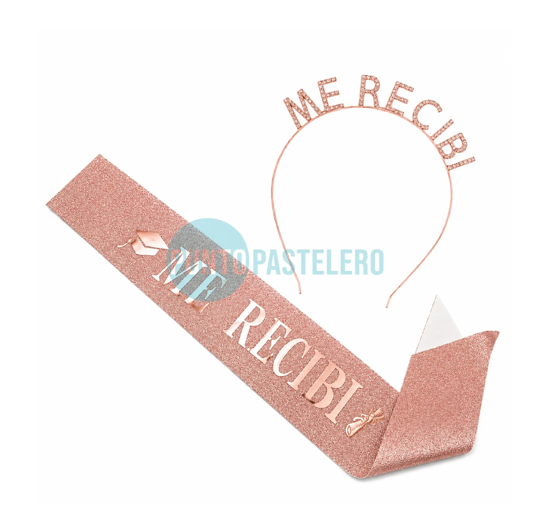 [30248700] SET VINCHA Y BANDA "ME RECIBI" CON GLITTER ROSA GOLD
