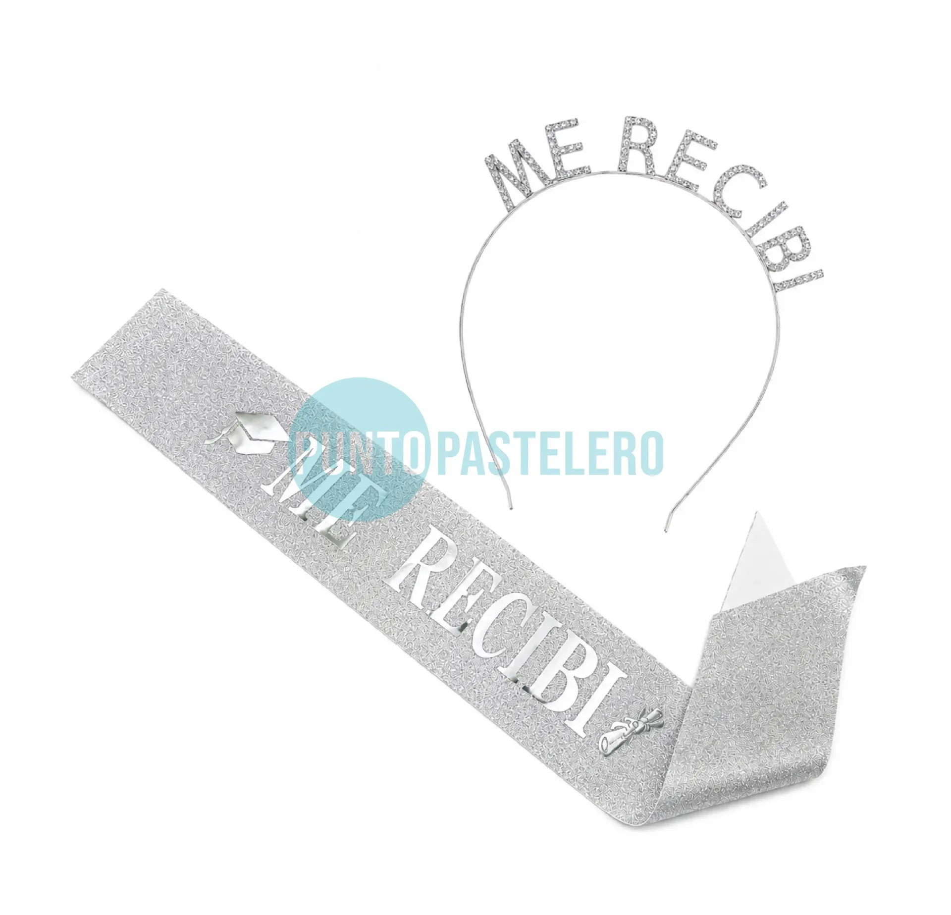 [30248600] SET VINCHA Y BANDA "ME RECIBI" CON GLITTER PLATA