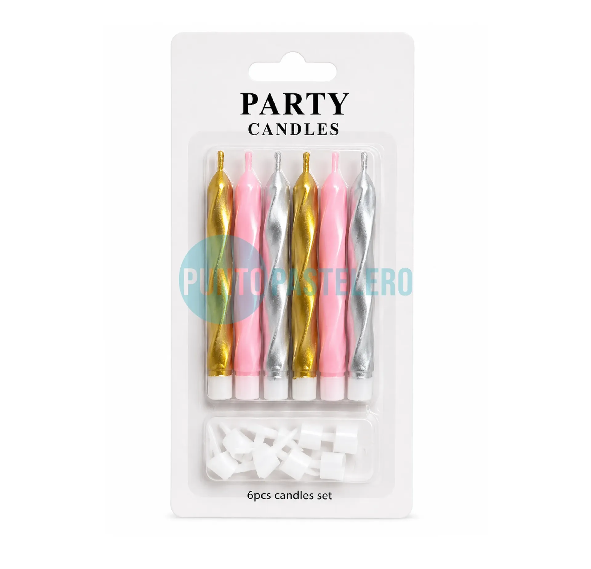 PACK VELAS MIX COLORS "TWIST" (X 6 U.) (ROSA-PLATA-DORADO)
