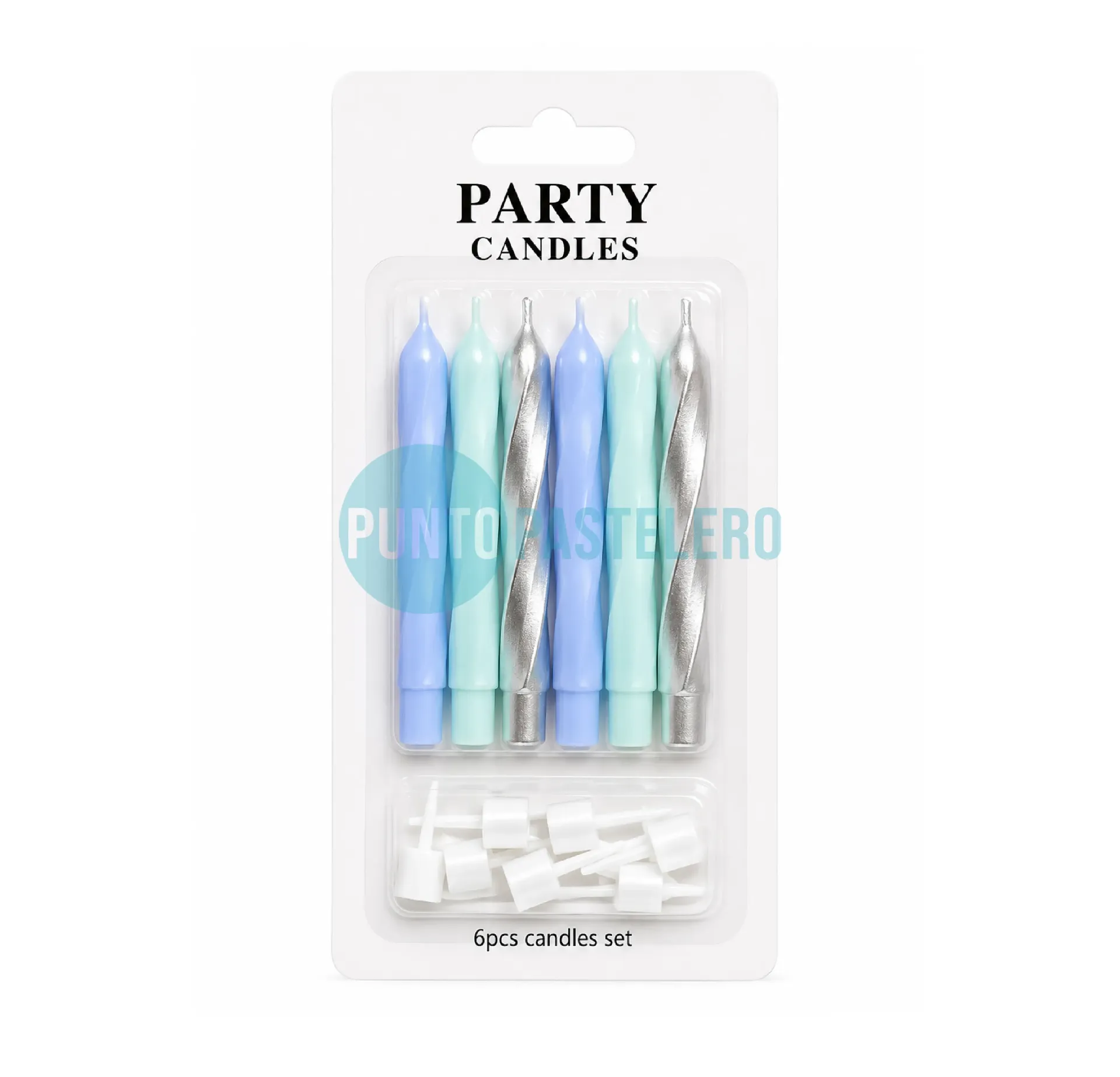 PACK VELAS MIX COLORS "TWIST" (X 6 U.) (CELESTE-PLATA-AQUA)