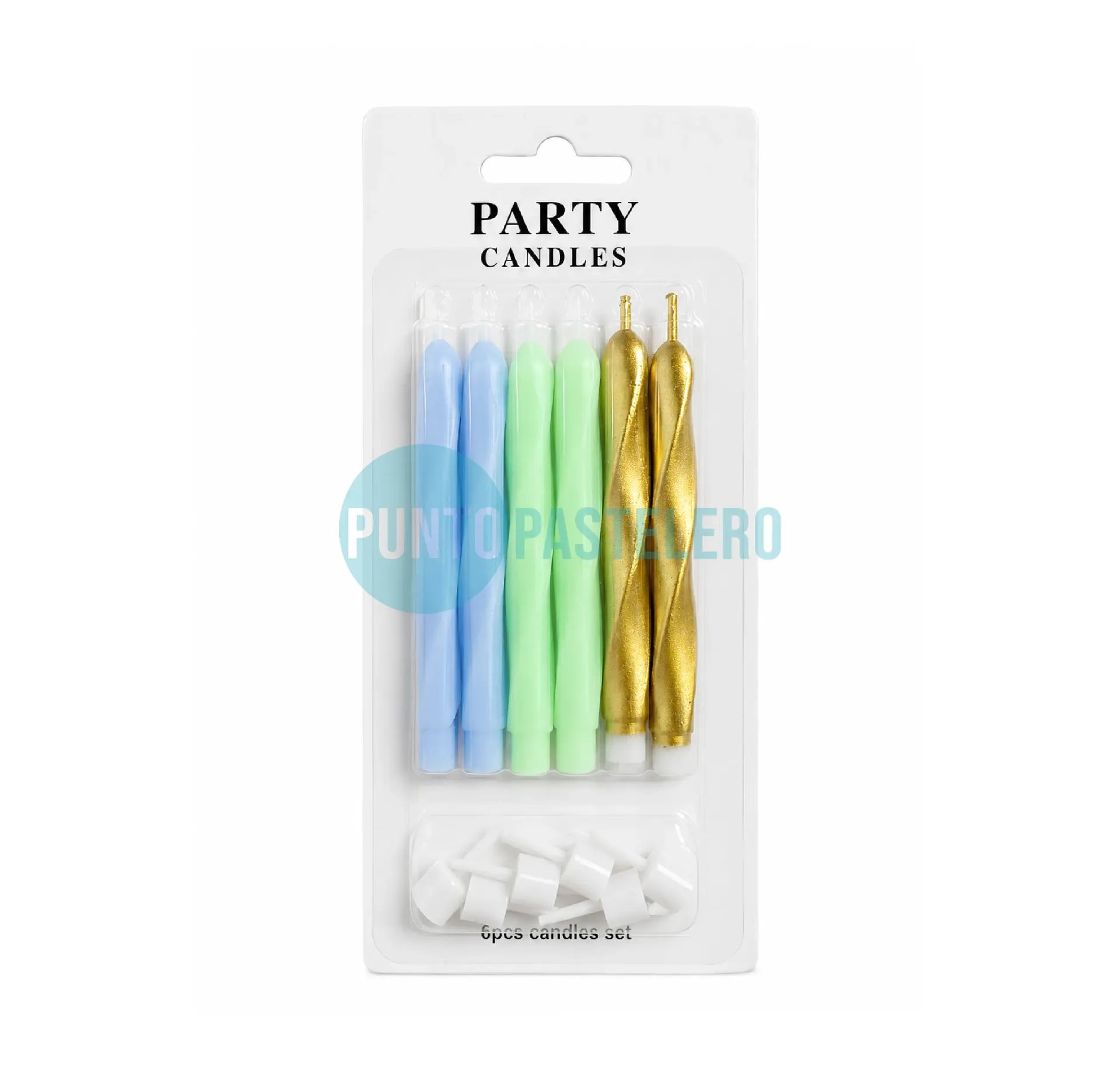 PACK VELAS MIX COLORS "TWIST" (X 6 U.) (CELESTE-VERDE-DORADO)