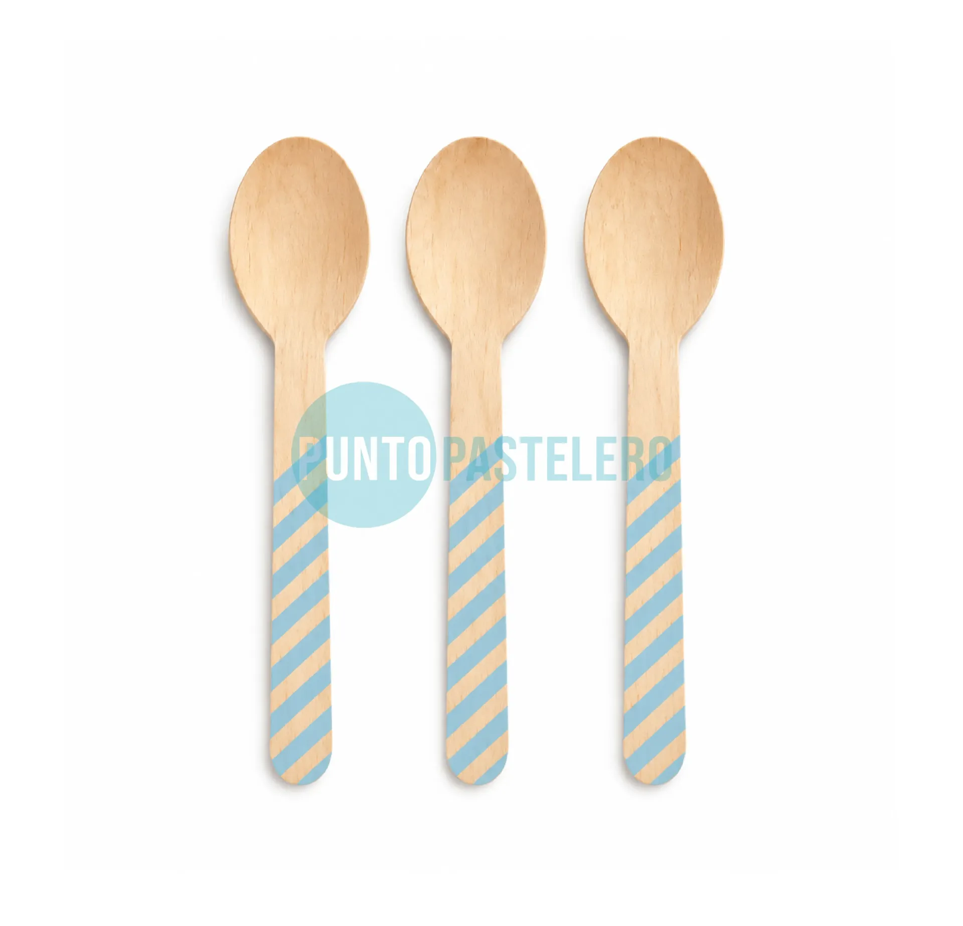 CUCHARA DE MADERA GRANDE RAYAS CELESTE (16 CM) (X 10 U.)