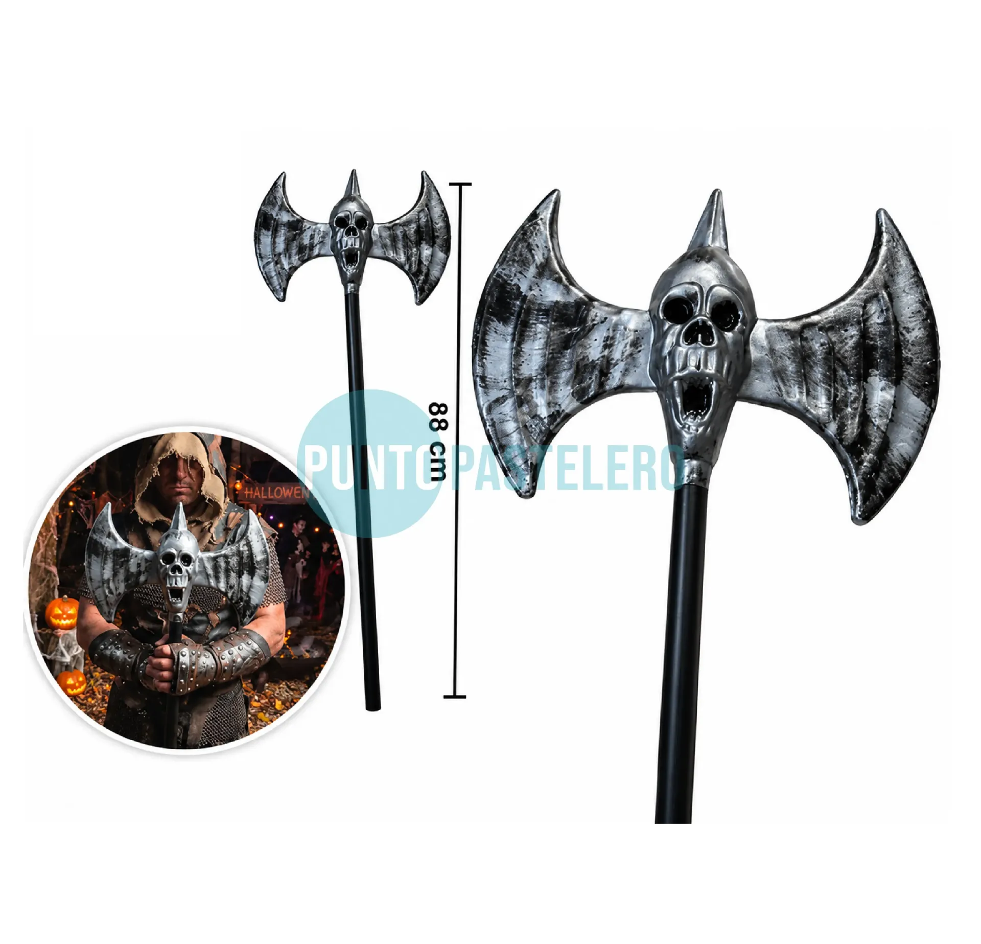 HACHA DOBLE DIABLO PLATEADA HALLOWEEN