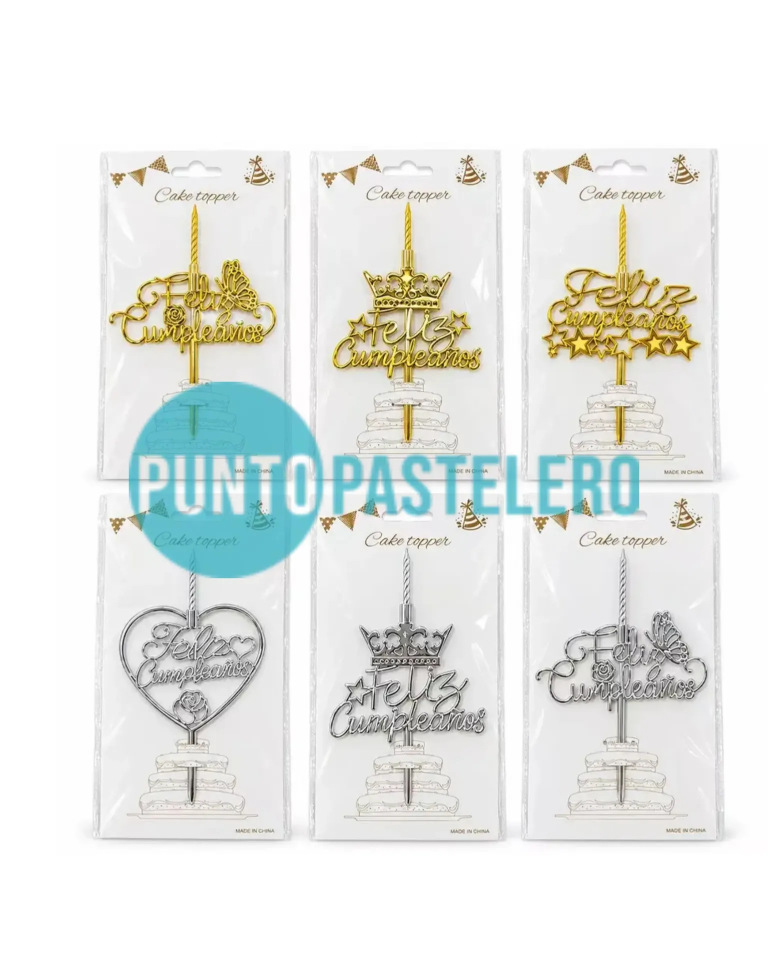 TOPPER CON VELA"FELIZ CUMPLEAÑOS" (MODELOS SURTIDOS PLATA/ORO)