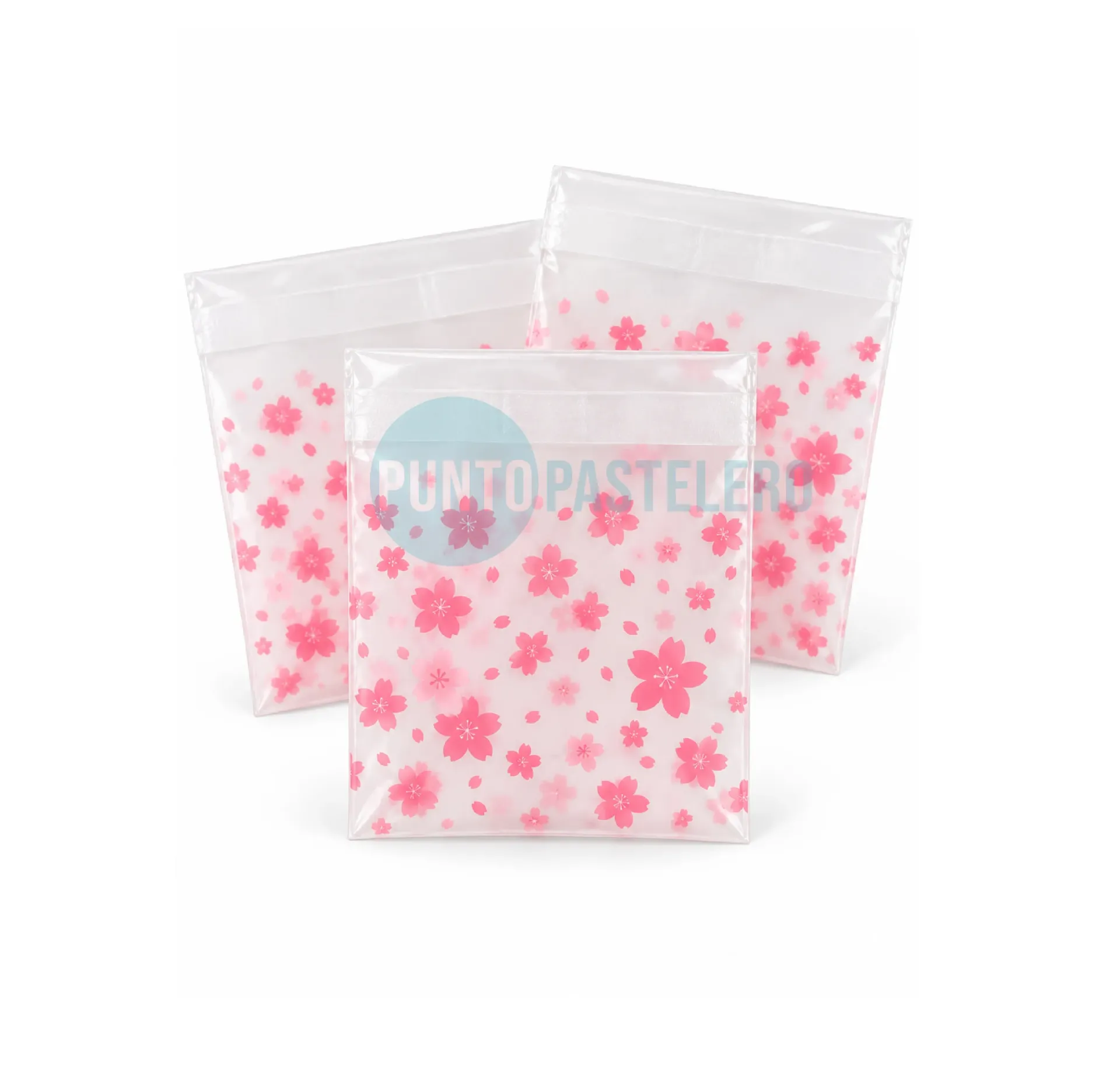 BOLSA DE CELOFAN AUTOADHESIVA ESTAMPADA FLOR SAKURA (5.5X5.5X3CM) (X 100 U.)